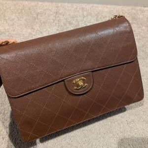 Rare Chanel Jumbo Flap Chain Shoulder Vintage Brown Bag Caviar Skin
